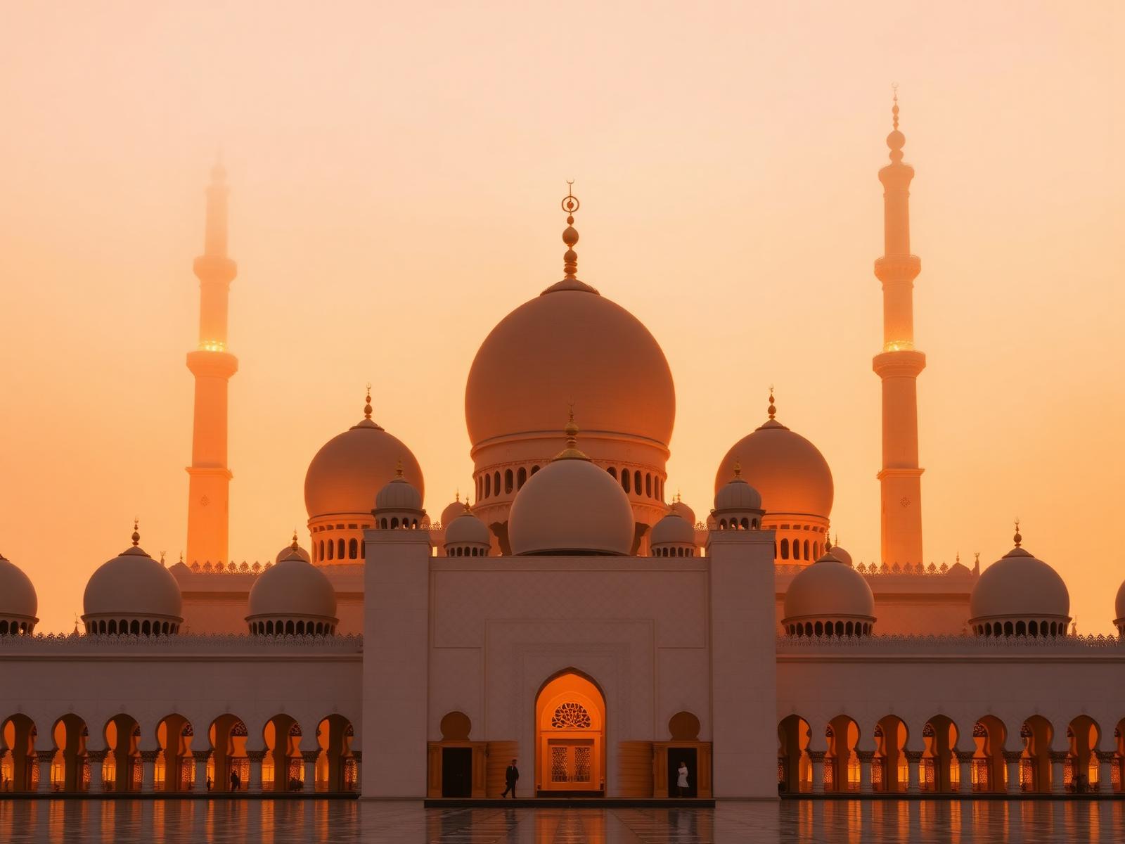 A grand mosque at dusk, its domes catching the last warm light of the day.